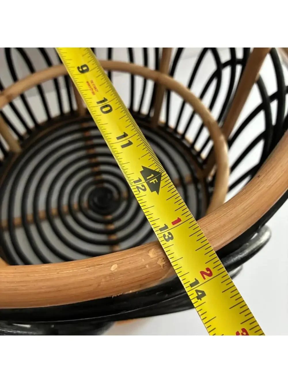 Vintage Two Tone Rattan Storage Basket Black Natural Bamboo Handles Woven